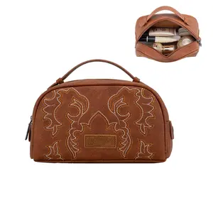 Wrangler Embroidered Multi-Purpose Travel Pouch Cosmestic Makeup Vintage Versatile Storage Bag for Women with Zippered Pocket & Card Slots in PU Leather