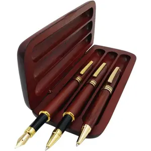 3 Pcs Wooden Pens Set with Gift Case/Best Writing Fountain Fancy Ballpoint Pen and Luxury Gel Pen with Ink Refills