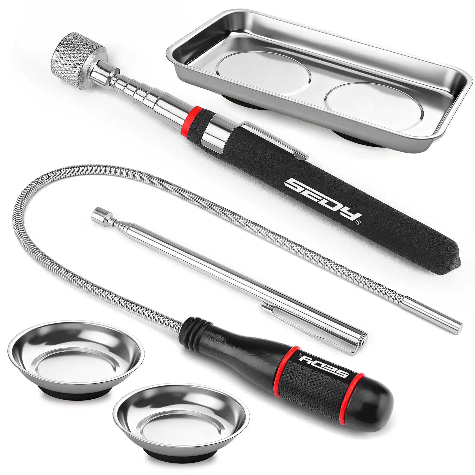 6-Piece Telescoping Magnetic Pickup Tools Set: 31in Portable Magnetic Pickup Stick, 25in Pen-Style Magnetic Pickup Tool, 20in Flexible Bendable Spring Magnet Stick with 4in 9in Magnet Parts Tray