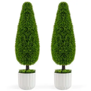 COSTWAY - 2 Pack 3 Feet Artificial Cedar Teardrop Shaped Bush with Plastic Nursery Pot-Green