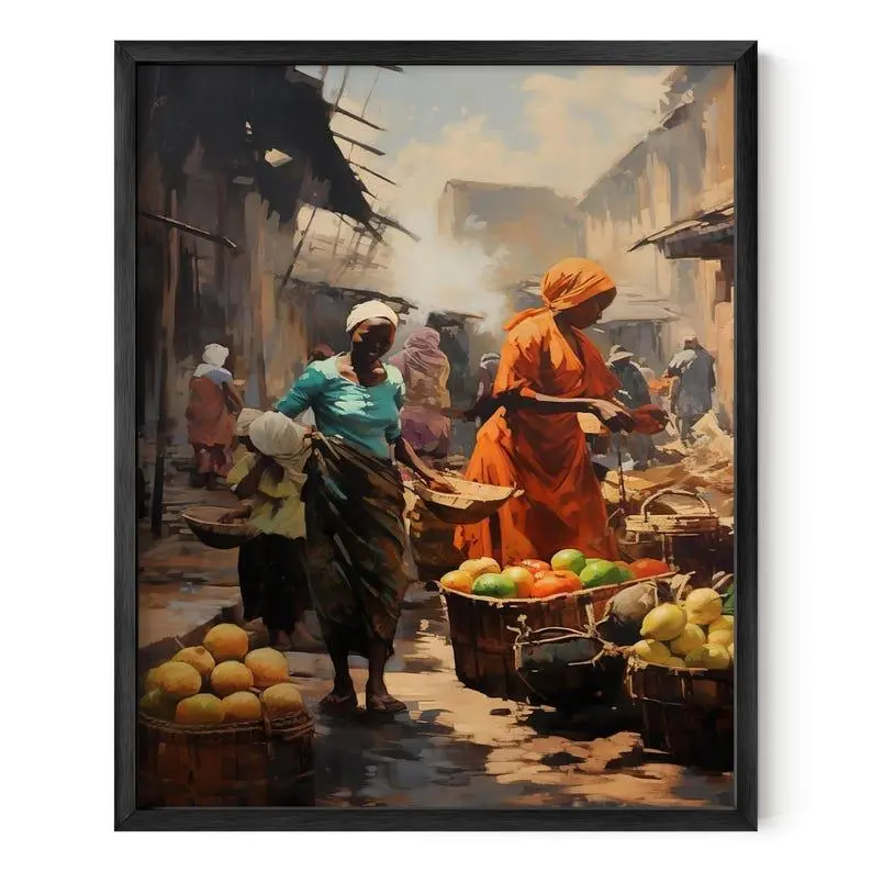 African Market Wall Art, Bustling Marketplace Print, Black Woman Artwork, Cultural African Decor, Vintage Inspired Wall Art