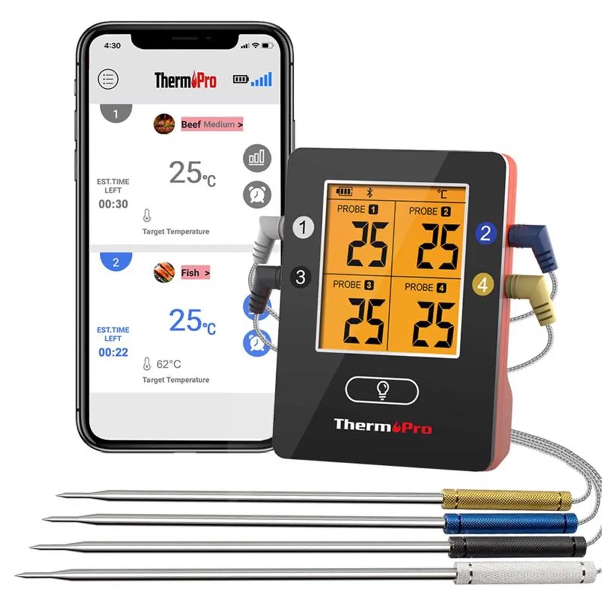 ThermoPro Wireless Meat Thermometer – Bluetooth Sync Digital Kitchen Utensil with LCD Display, Stainless Steel & Silicone Components, 572°F Max Temp, Black & Red Cooking Thermometer, Utensils