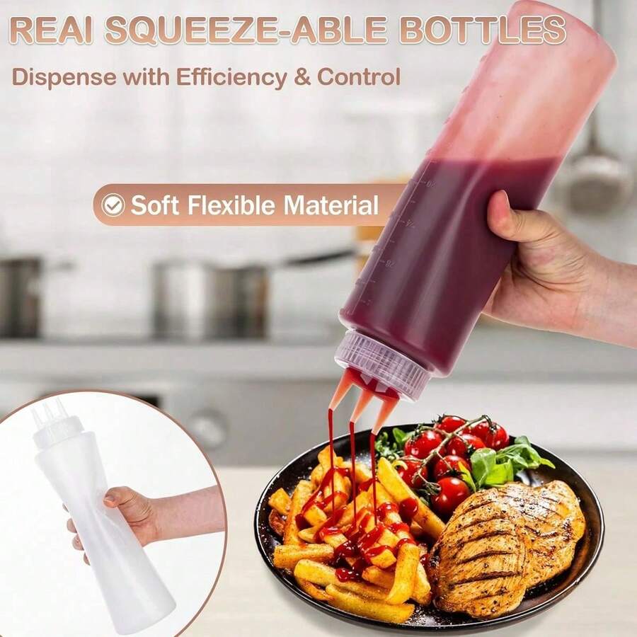 2pcs Multi-Purpose Kitchen Squeeze Bottles With 3-Hole Graduated Design - PE Material, Ideal For Sauces, Condiments & Baking - Includes White, Red And Amber Nozzles, Condiment Dispenser |   Modern Kitchenware |   Translucent Material, Soy Sauce Squeeze Bo