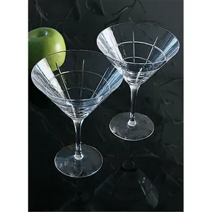 212 MAIN Hand-Cut Heavy Glass Martini Glass Cup Set - 2-Pack, Martini-Shape with Masculine Design, Orrefors Street Square Grid Cut Crystal Glassware for Bar & Kitchen Use