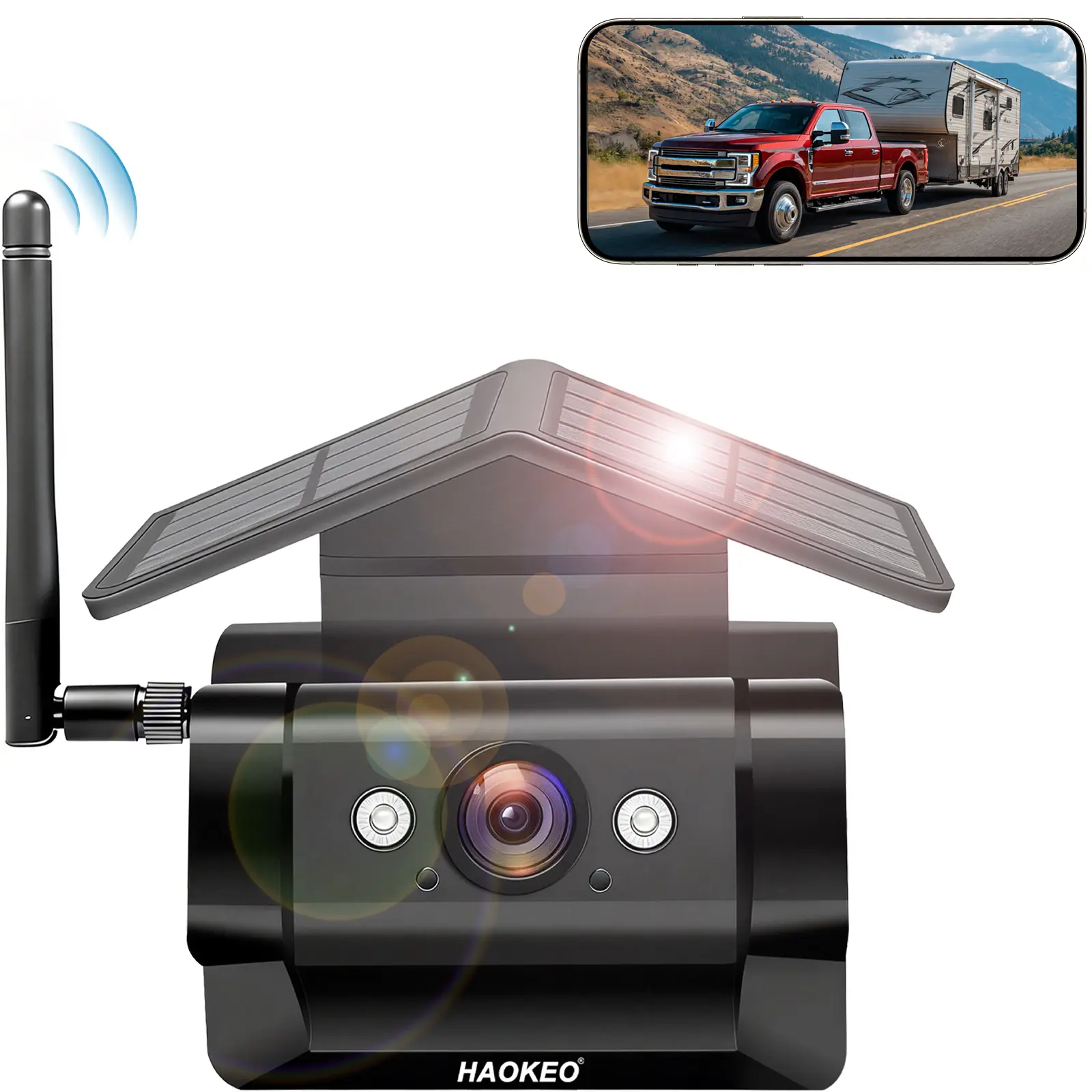 HAOKEO HA7 1080P WiFi Magnetic Solar Backup Camera with 10,000mAh Rechargeable Battery, Waterproof Wireless Truck Accessory for Easy Installation, Hitching & Reverse Use on Trucks, RVs