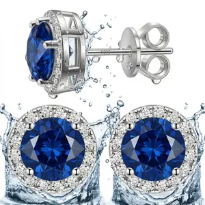 S925 Sterling Silver Synthetic Gemstone Stud Earrings — Unisex Round Design: The Perfect Choice for a Birthday Gift. 14K Gold-Plated Studs Set with Cubic Zirconia; Hypoallergenic and Skin-Friendly Material (Sapphire Blue).