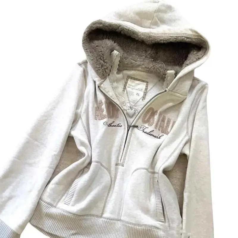 Millennial Hot Girl Punk Medieval Vintage Grey Autumn And Winter Velvet Zipper Sweatshirt Jacket Fabric Fit