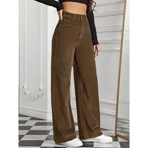 Women’s casual high-waisted corduroy pants with slant pockets, solid color straight-leg trousers, comfortable fashion for everyday wear