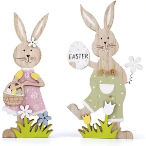 Easter Decorations Bunny Table Wooden Sign Decorations for Home, 2 Pcs Farmhouse Spring Rabbit with Easter sign Egg Ornaments for Tabletop tiered tray Shelf Mantel Yard Party Outdoor Indoor Decor