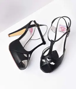 Black Faux Leather Bettie T-Strap Peep Toe Pump