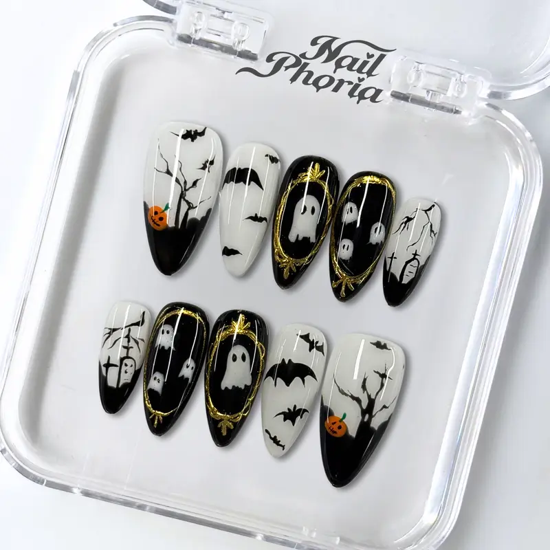 NailPhoria｜GHOST NIGHT Halloween Style Handmade Press On Nails Reusable/Long-Lasting / Salon-Grade