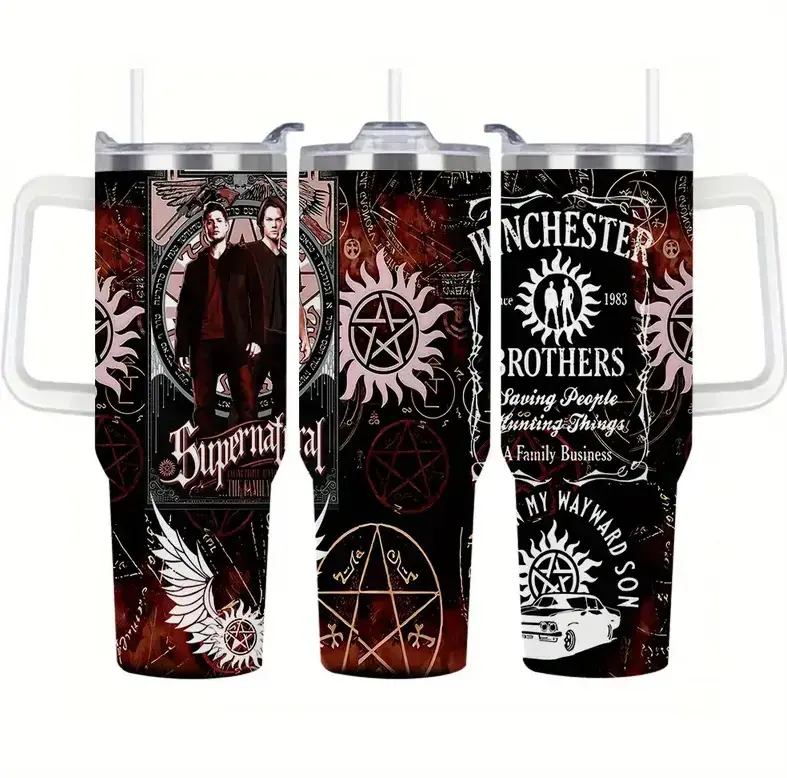 [Gift Box & Straw] Supernatural Retro TV Series Style Lyrichard Tumbler 40oz With Handle, Winchester Brothers Inspired Stainless Steel Insulated Travel Mug, Vintage Horror Fantasy Drinkware Gift For TV Fans