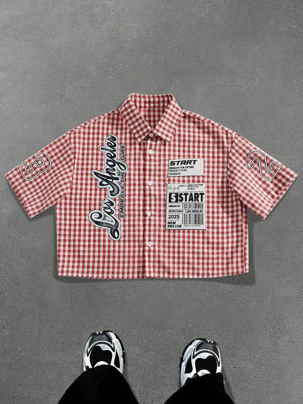 Men's Regular " Los Angeles " Print Short Sleeve Shirt, Casual Retro Gingham Shirt for Daily Wear, Fashion Men's Top for Summer, Fitted