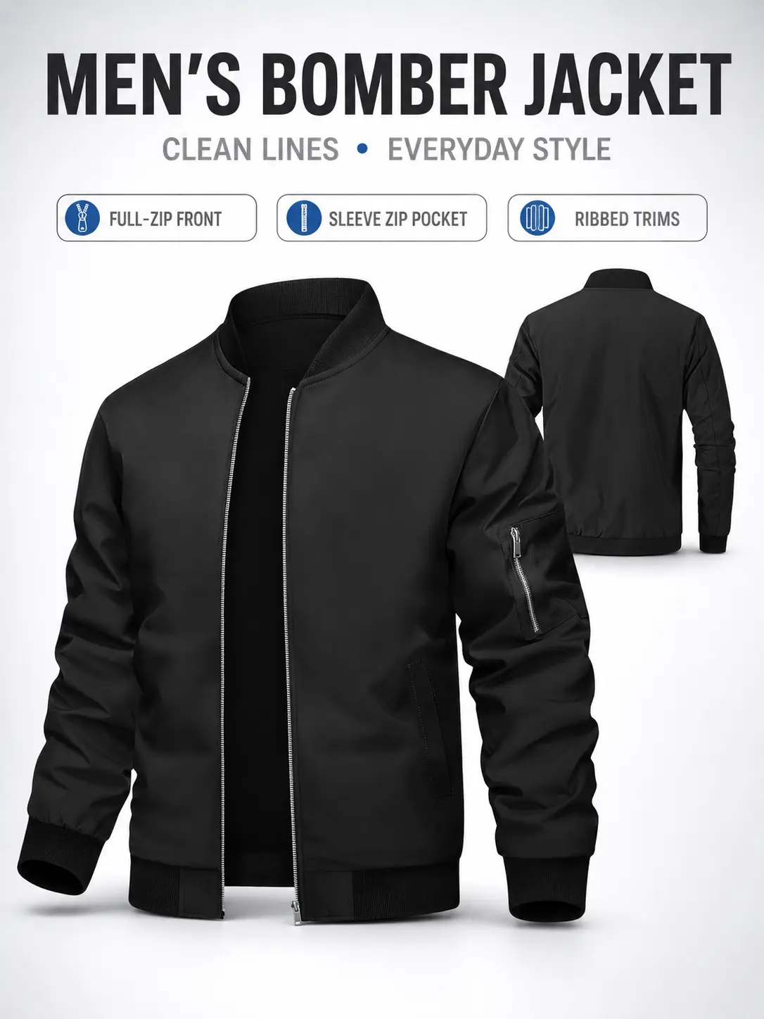 Men’s casual baseball outerwear for spring and autumn—fashionable stand-collar aviator jacket; lightweight windproof flying jacket with full zipper, sleeves, and zippered pockets at the cuffs.