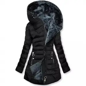 Women’s Leather Collar Zip-Up Long Sleeve Slim Fit Warm Hooded Cotton Jacket Top GARMENTARY
