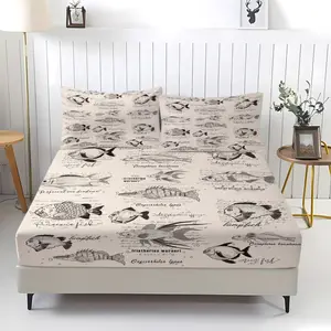 3-piece set of various fish patterned bed sheets, including 1 bed sheet and 2 pillowcases, comfortable bedding, anti slip dust cover suitable for bedrooms and guest rooms, suitable for personal use or Christmas gift giving