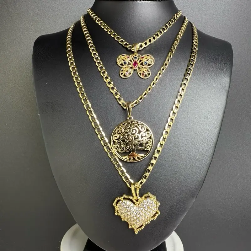 Cuban Chain with Variety of Pendants, 18 inches Long, 3 mm Wide, Featuring Heart, Tree, and Flower Designs