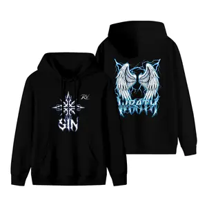 Viral Y2K Grunge Aesthetic Mens Graphic Pullover Hoodie Angel Wings Wrath Print Edgy Streetwear Black Sweatshirt