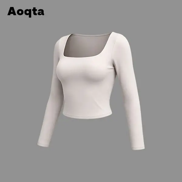 Aoqta Women's Square Neck Long Sleeve Crop Top, Slim-Fitted Stretchy Fitness Casual T-Shirt for Comfy Workouts, Yoga, and Gym Wear, Casual Comfy Workout, Fitness Casual Tshirt