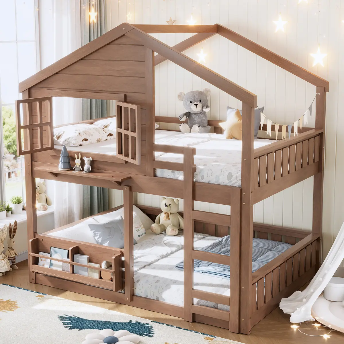 Full over Full House Bunk Bed/Loft Bed Wood Frame with Bookshelf, House Design, High-Quality Safety Fencing, Natural