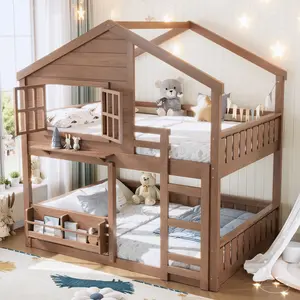 Full over Full House Bunk Bed/Loft Bed Wood Frame with Bookshelf, House Design, High-Quality Safety Fencing, Natural