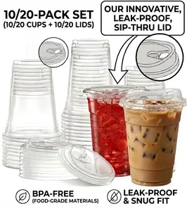 20 Pack Clear Plastic To-Go Cold Cups with Innovative Leak-Proof Sliding Sip-Thru Lids, 16 oz, BPA-Free Food-Grade Material, Ideal for Iced Coffee, Smoothies, Party cups with lids and strawless sipping，Car cup holder friendly coffee cups,Travel picnic