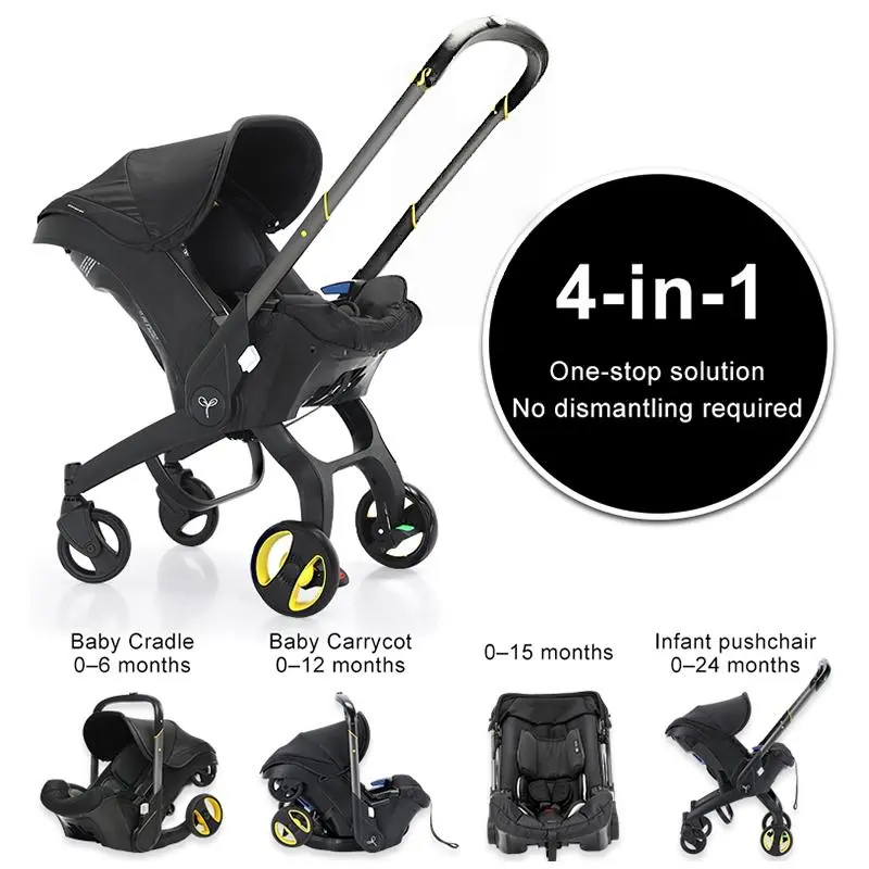 Baby Stroller 4 in 1 Multifunctional One Click Fold 2 Way Push Convertible Bassinet Infant Carrier 5 Point Safety Harness with Chest Clip Shock Absorbing Wheels No Latch Base Lightweight Travel Friendly for Newborn Toddler Pink Black