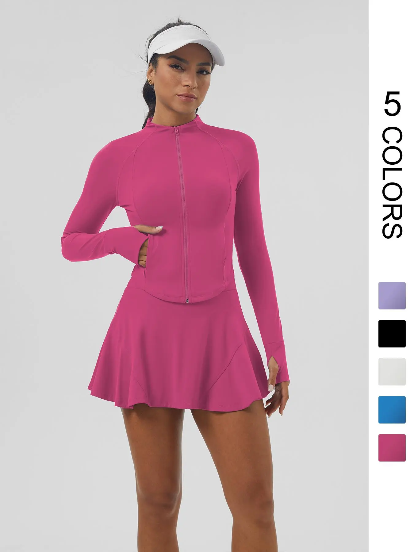 Women's Solid Zip Up Thumb Hole Design Jacket & 2 in 1 Skort Set, Sporty Style Long Sleeve Stand Collar Outerwear & High Waist Skort for Tennis, Ladies Sportswear, Sporty Style Outfits