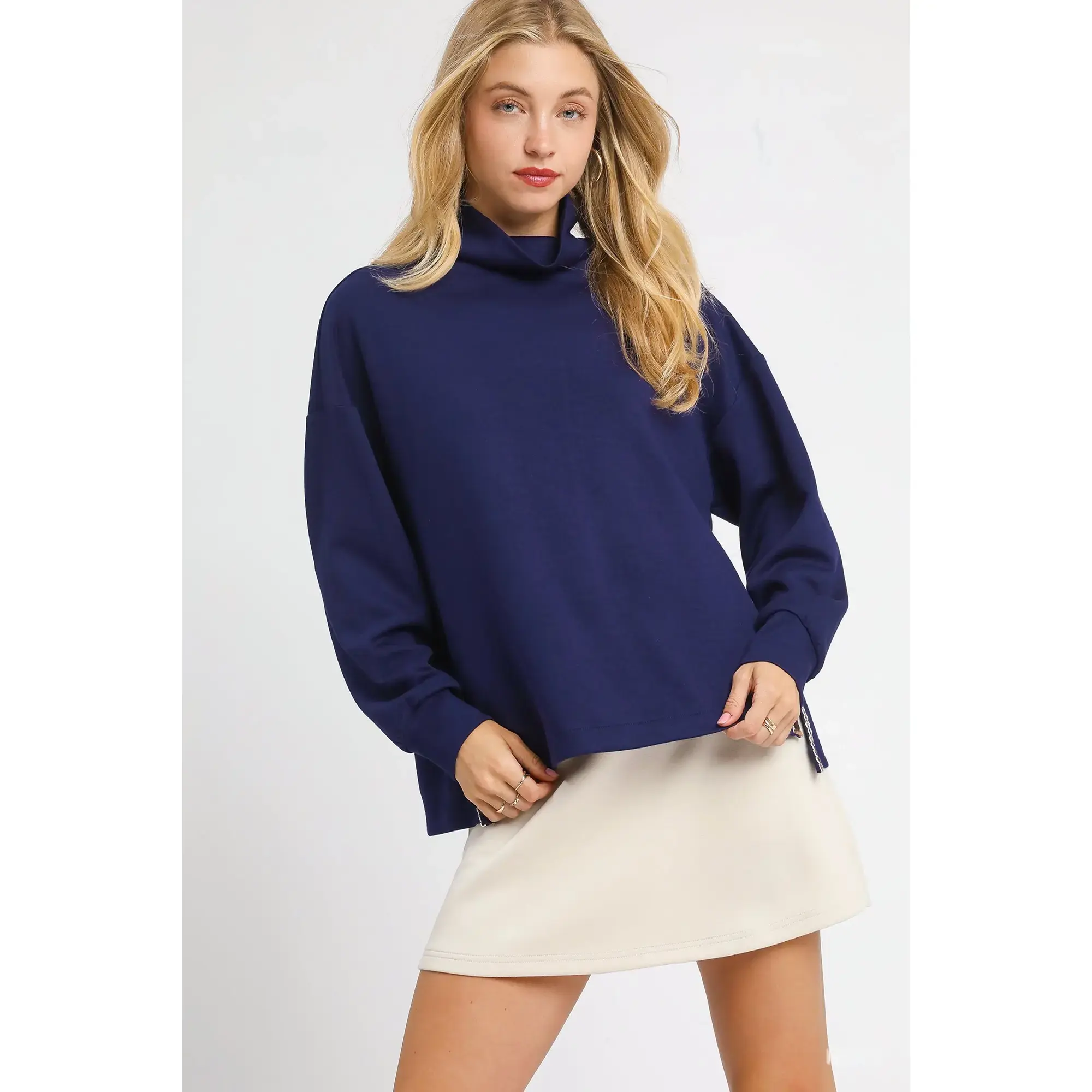 Women's Polyester-Spandex Knitwear, Turtle Neck Dolman Sleeve Side Slit Sweater with Contrast Detail, Stylish Fit, Style, Stretchy, Twist, Comfortable, Fashion, Casual, Rayon, Chic, Tops