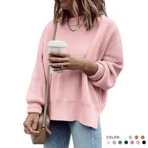 Women's Basic Round Neck Long-Sleeve Oversized Tunic Sweater - Fall Slouchy Ribbed Knit Top, Polyester-Nylon Fabric, Side-Slit Casual Pullover Jumper with Stylish Design
