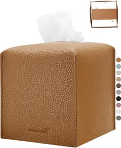 Tissue Box Cover 5X5X5'' PU Leather Tissue Holder Square Tissue Cube Box Organizer for Bathroom Vanity Countertop, Car, Night Stands, Office, Home, Kitchen (1Pack, Brown)