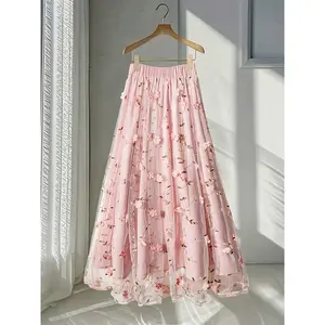 Elegant women’s embroidered floral mesh woven slim skirt with an A-line design, perfect for parties and special occasions—fashionable women’s fashion