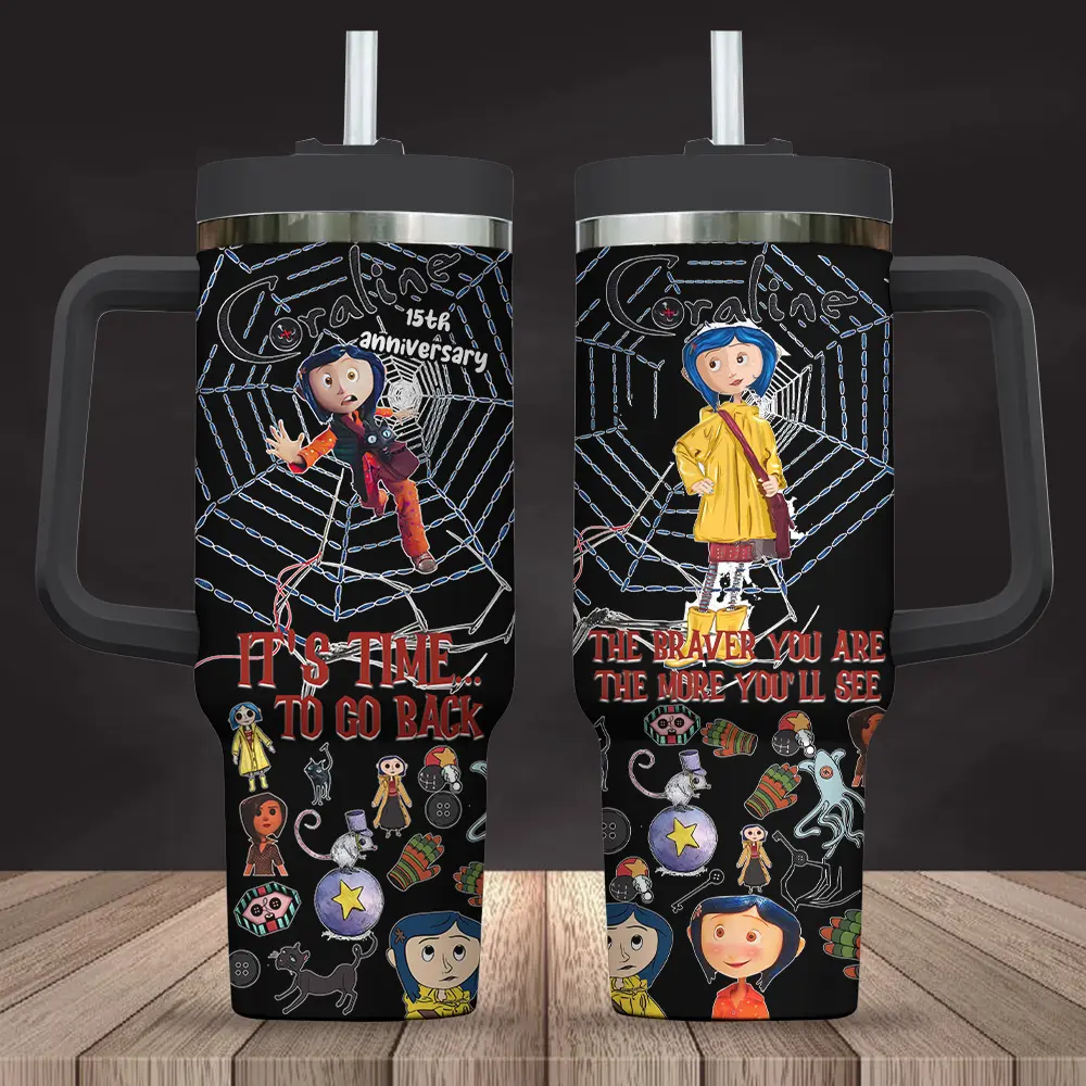 C0raline 15th Anniversary 40oz Tumbler With Handle, C0raline Movie Inspired Stainless Steel Travel Mug, Black Cat Button Eyes Fantasy Insulated Cup With Straw Lid, Spooky Gothic Animation Fan Gift, Double Sided Vacuum Tumbler
