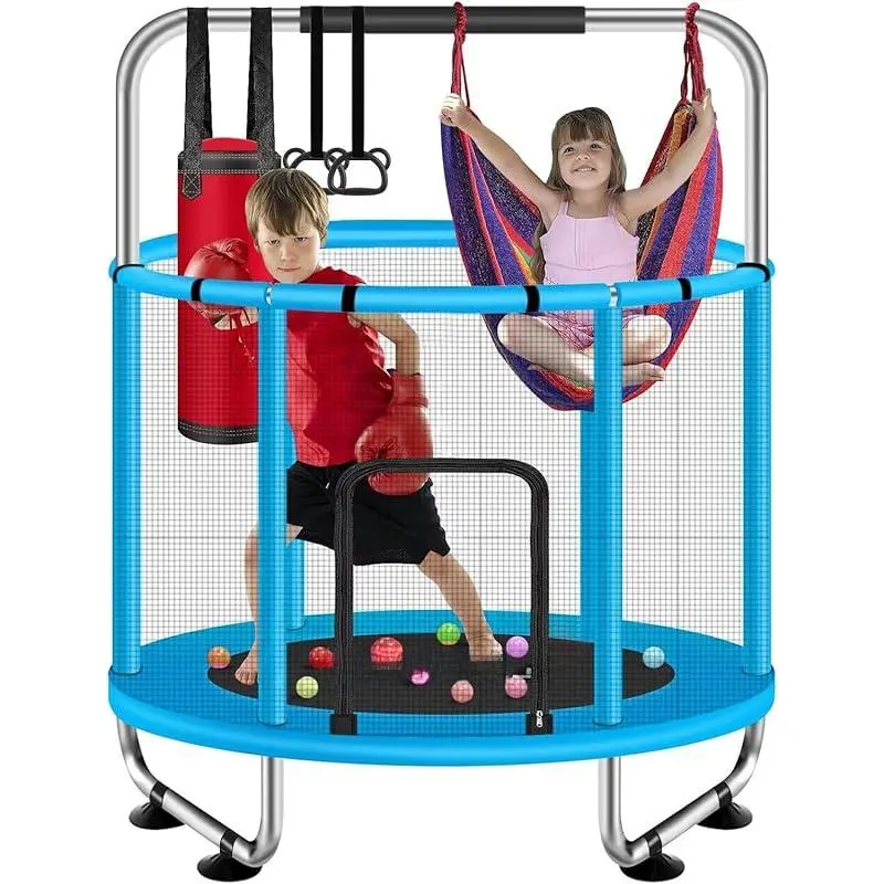 55" Trampoline for Kids with Enclosure, 440lbs Capacity Indoor & Outdoor Toddler Trampoline with Adjustable Gymnastics Bar & Toys, for Boys & Girls