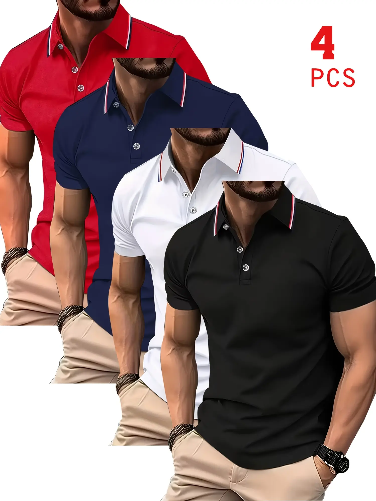 Pack of 4 striped polo shirts with a notched collar featuring red, white, and blue color blocking; breathable, quick-drying golf casual shirt with lightweight stretch polyester and button design; suitable for summer office wear, boat outings, and everyday