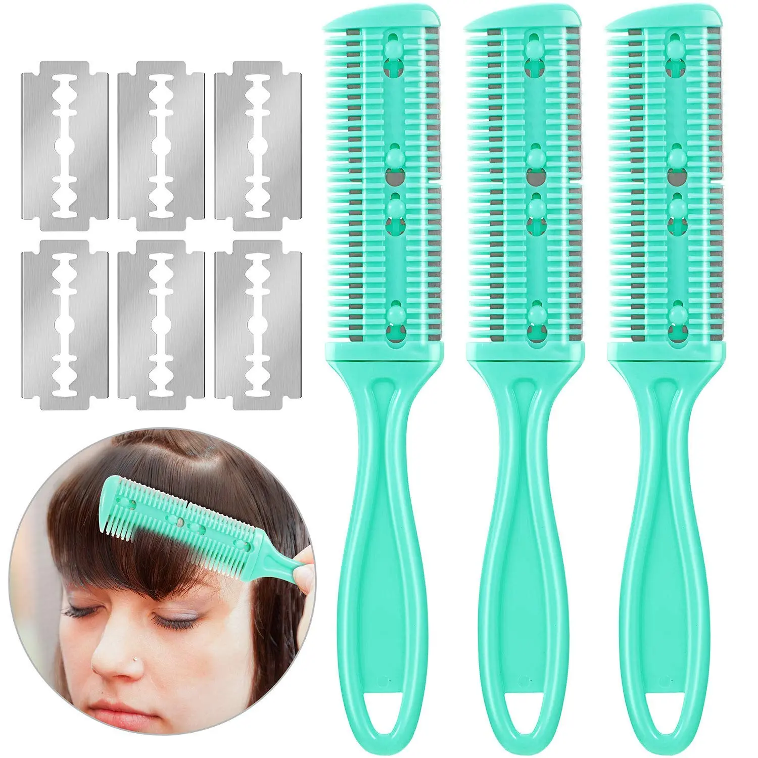 3 Pieces Haircut Razor Comb Set, Double Sided Hair Cutting Comb with 12 Replacement Blades, Household & Salon Hair Trimmer Shaper Tool, Split Ends Trimming Styling Accessory for All Hair Types Green