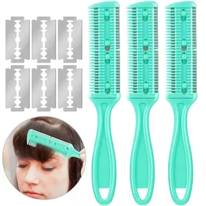 3 Pcs Haircut Razor Comb Hair Cutting Comb with 12 Replacement Blades Double Edge Shaper for Salon & Home Styling Split Ends Trimmer Styler for Thick and Thin Hair(Green)