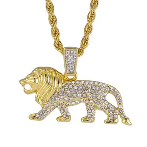 Iced Medium Lion Pendant Necklace with 4mm Rope Chain, 24" Gold Chains Necklaces