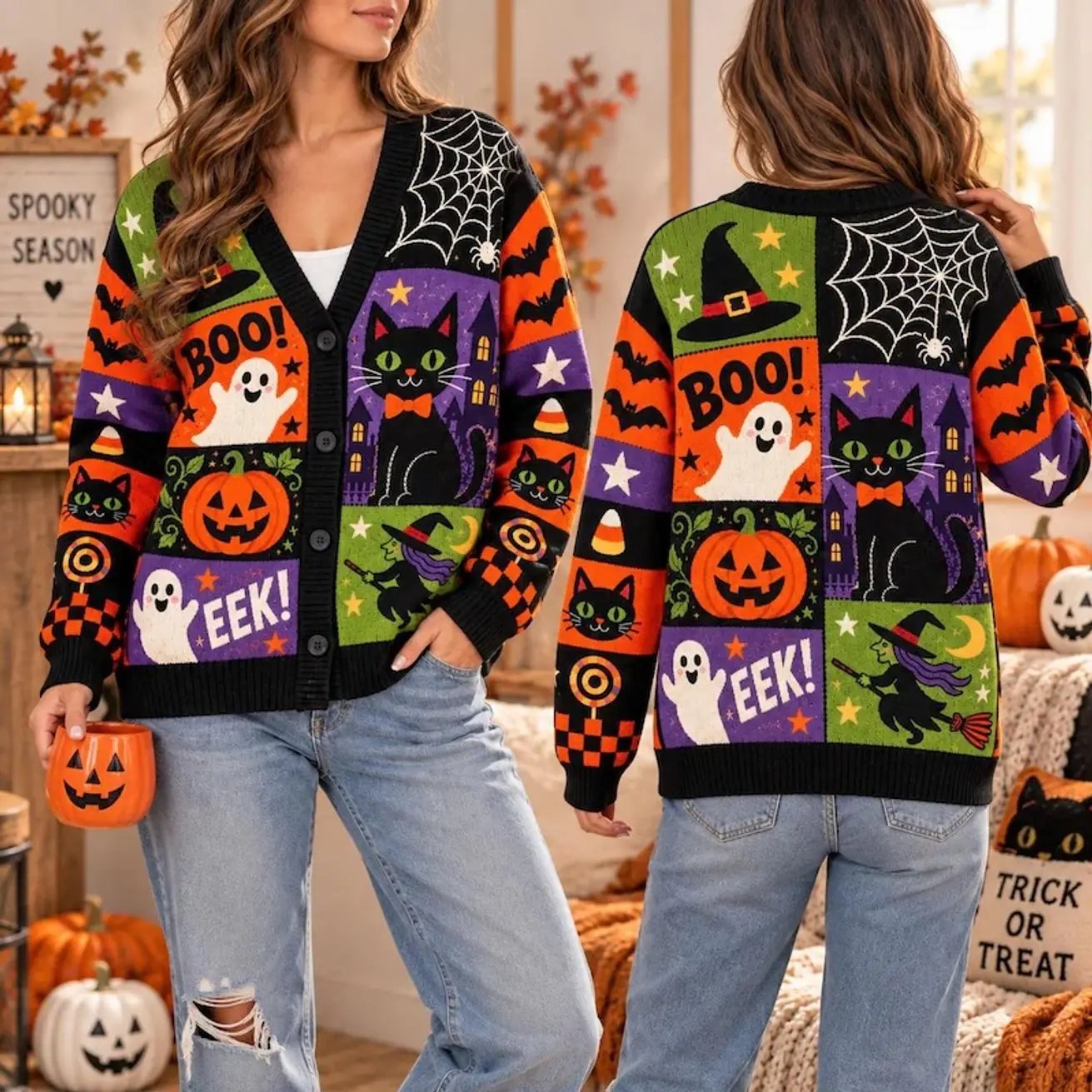 Black Cat Ghost Pumpkin Patchwork Cardigan, Retro Halloween Witch Sweater, Spooky Colorful Knitwear, Cute October Clothing, Gift 2026 MZELIV