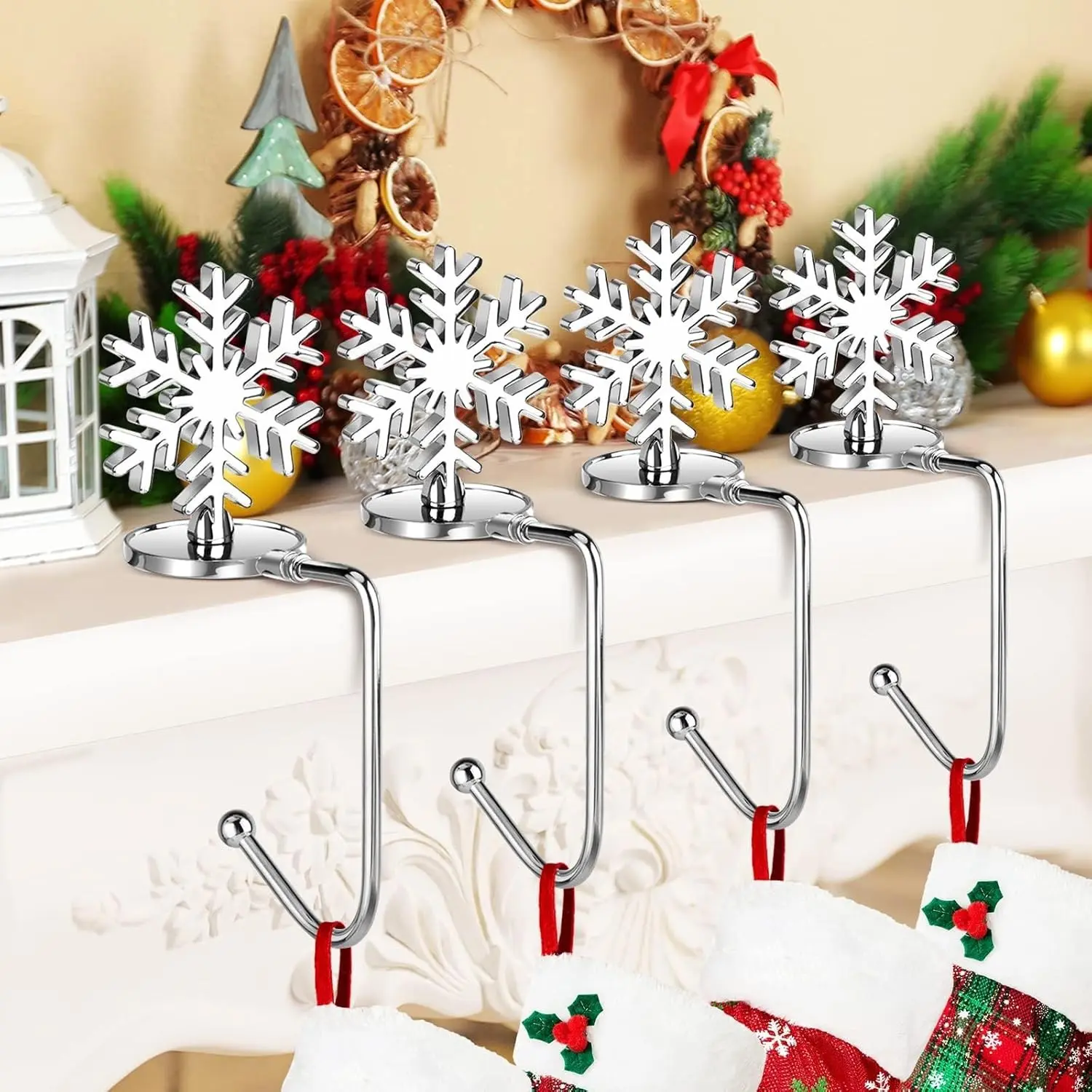 Christmas Stocking Holders for Mantle Lightweight, Small Snowflake Stocking Holder Set of 4, Rotatable Fireplace Stocking Hangers Suitable for mantels Less Than 2.7 inches(Snowflake)