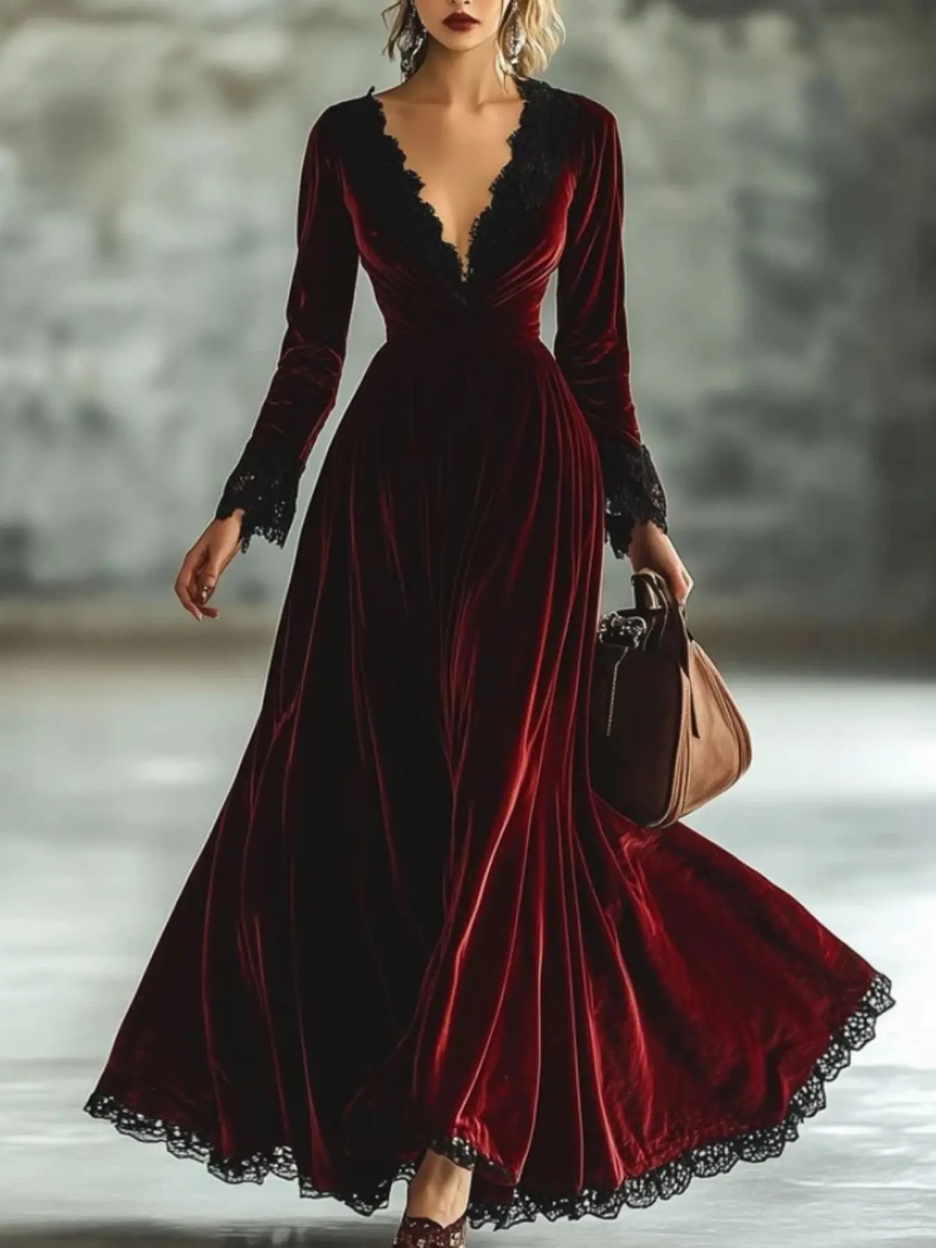 Women's Casual Lace Patchwork High-End Evening Dress, Long Sleeve Plain Pattern, Chic Elegant Style for All Seasons, Perfect for Special Occasions, Elegance