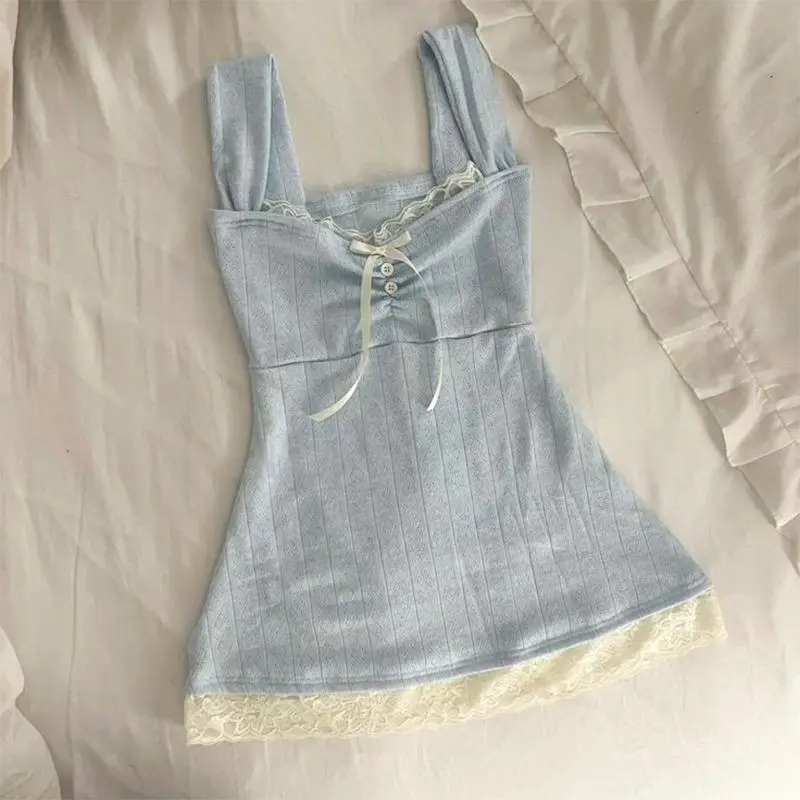 Y2K Harajuku Kawaii Sweet Women's Camisole Top Casual Slim Chic Knit Lace Bow Button Design Crop Top Emo Girls Fairycore Clothes