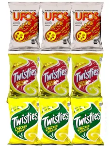 Variety FIJI Snacks - UFO'S, Cheese Twisties, Chicken Twisties (Pack of 9 x 100g Ea) Favorite Snack Of The Pacific Islanders - Imported From FIJI - Variety Pack Snacks