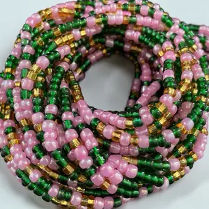 Green, Pink & Gold Waist Beads Elegant Beaded Belly Chain Adjustable 45 Inches for Versatile Fit and Bold Statement