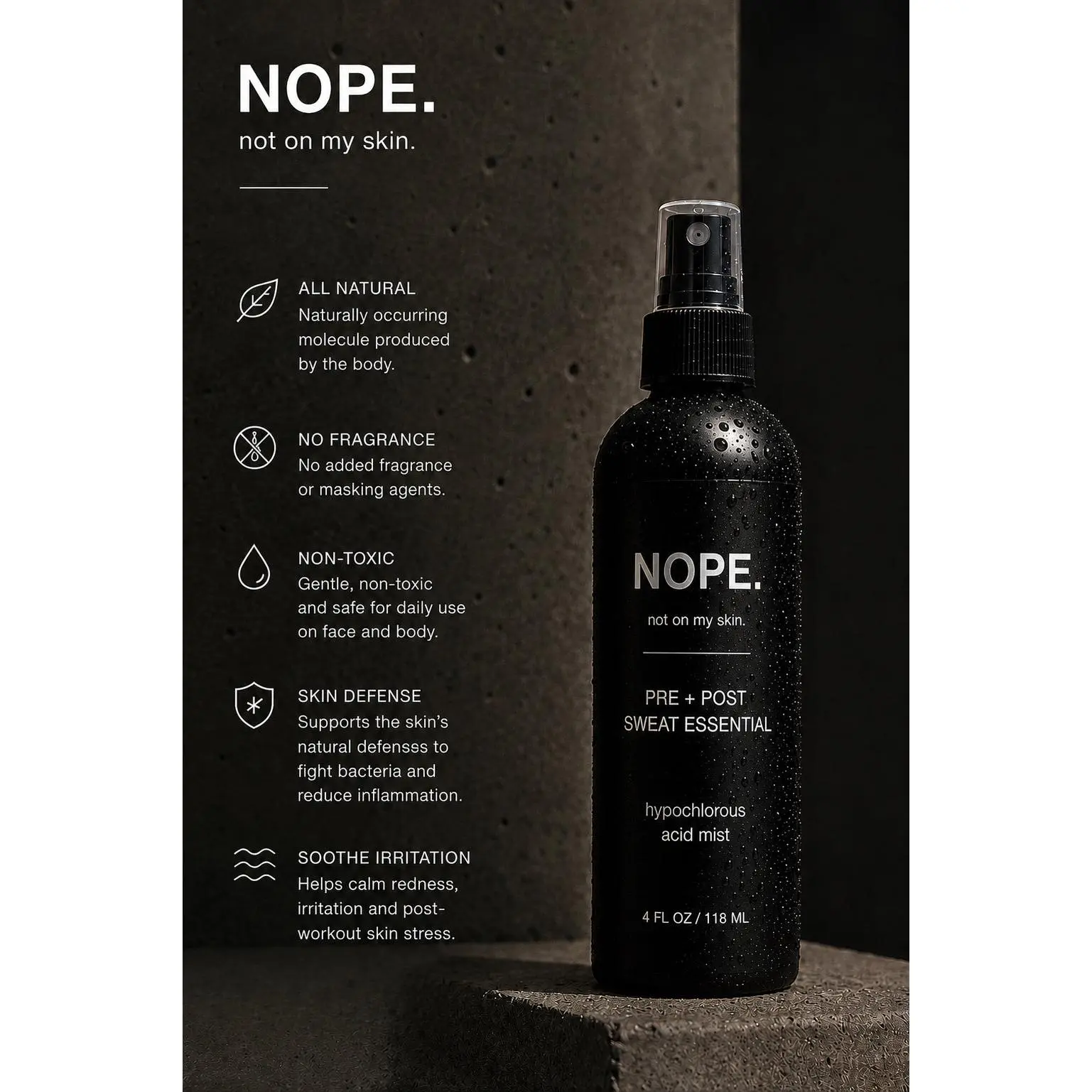 NOPE. Hypochlorous Acid Spray, Pre + Post Sweat Essential, Fragrance-Free Unscented Mist for All Skin Types, Face/Body Use