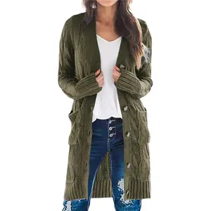Long Sleeve Cable Knit Long Cardigan for Women Spring Winter Chunky Open Front Button Sweaters with Pockets