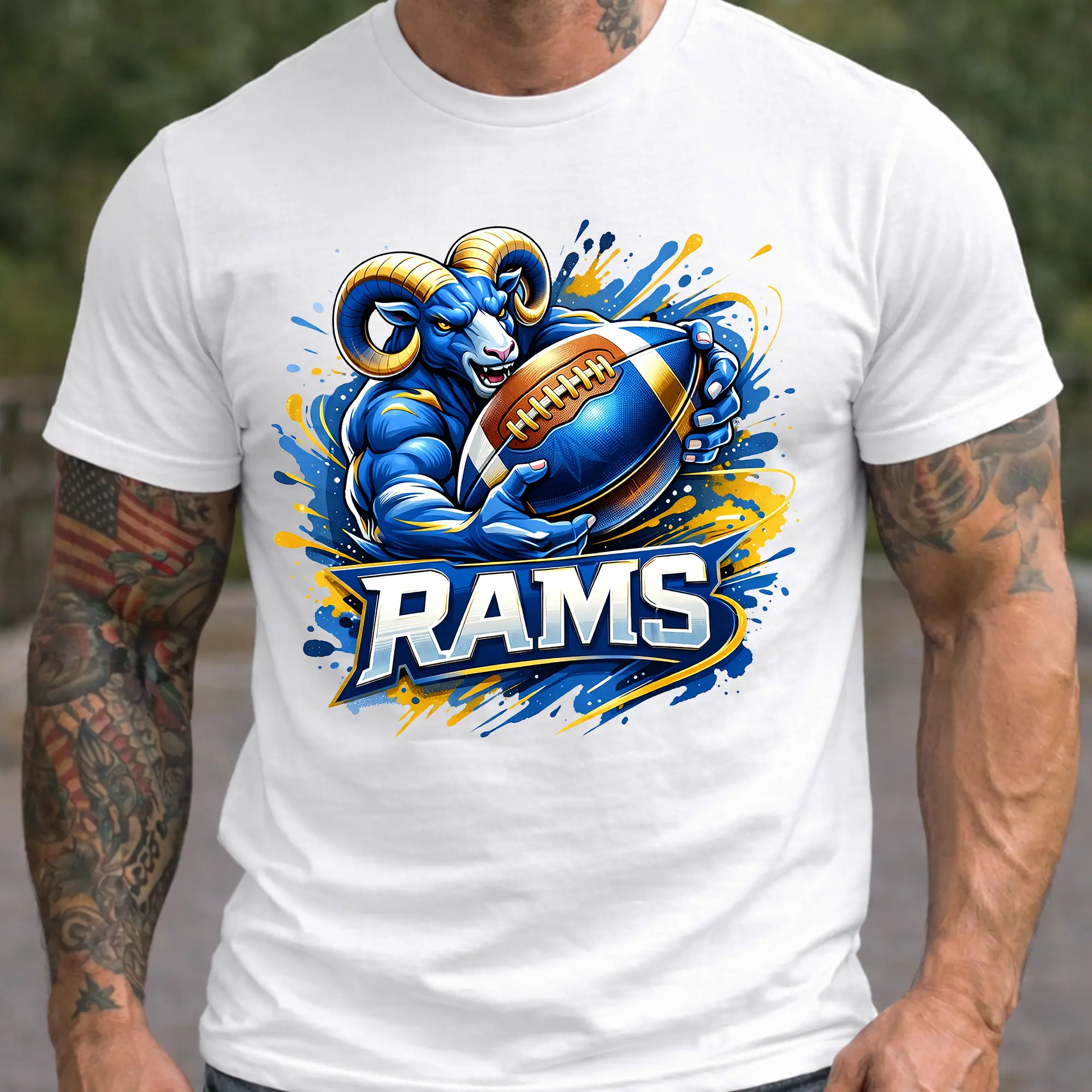 LA Football Royal Blue & Gold Graphic Tee 🐏 Bold Ram Mascot Splatter Art for Gameday! Premium Unisex T-Shirt for Sunday Football & Cali Tailgates. Perfect for Fans! 🏈✨ #lafootball #ramshouse #gamedayfit #blueandgold