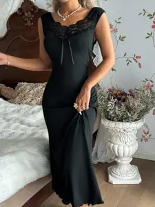 Women's Black Ice Silk Nightgown, Slim Fit, New Summer Loungewear, Breathable & Cool Touch
