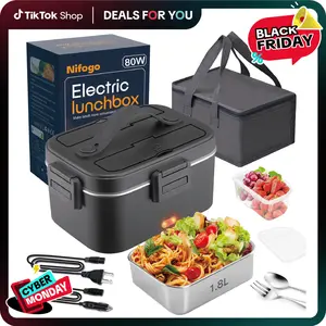 Nifogo Electric Lunch Box Food Heater for Adults, 12V/24V/110V Portable Heated Lunch Box with Fork & Spoon, Insulated Carry Bag - Springtok Tableware Warmer 80W/1.8L/Black+Black 80W/1.8L/Black+Black lunch box kids bento box 80W/1.5L/Black