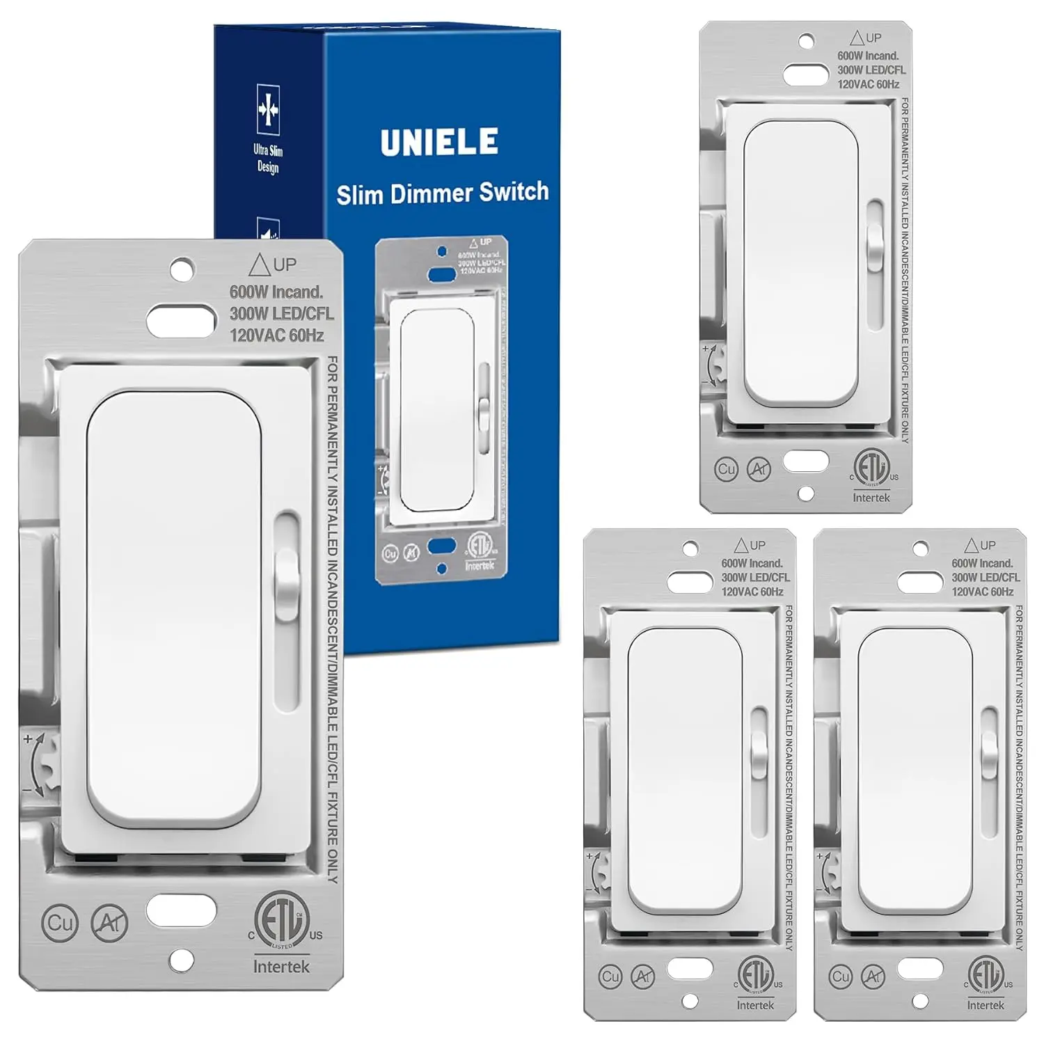 (4 Pack) White Universal Ultra Slim Design Lighting Slide Dimmer Switch - Single Pole/3-Way, Easy Installation, Indoor Use, Flicker-Free, 300W Dimmable LED/CFL, 600W Incandescent/Halogen, 15A/120VAC/60Hz, ETL Listed, Wide Compatibility